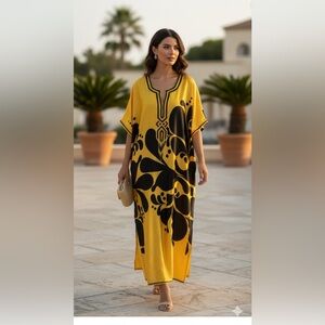 Yellow and Black Resort Dress with Dolman Sleeves